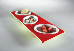 Mebel Entity 17 Set of 3 White Bowls 9 x 6.5 x 2cm on Rectangular Tray 30 x 100 x 2cm in Red MBEN17RD