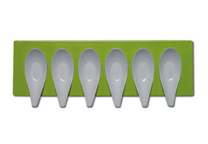 Mebel Green Entity 16D White Tasting Spoons x 6 on Rectangular Tray 32 x 10 x 2.3cm MBEND16GR