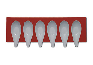 Mebel Red Entity 16D White Tasting Spoons x 6 on Rectangular Tray 32 x 10 x 2.3cm MBEND16RD